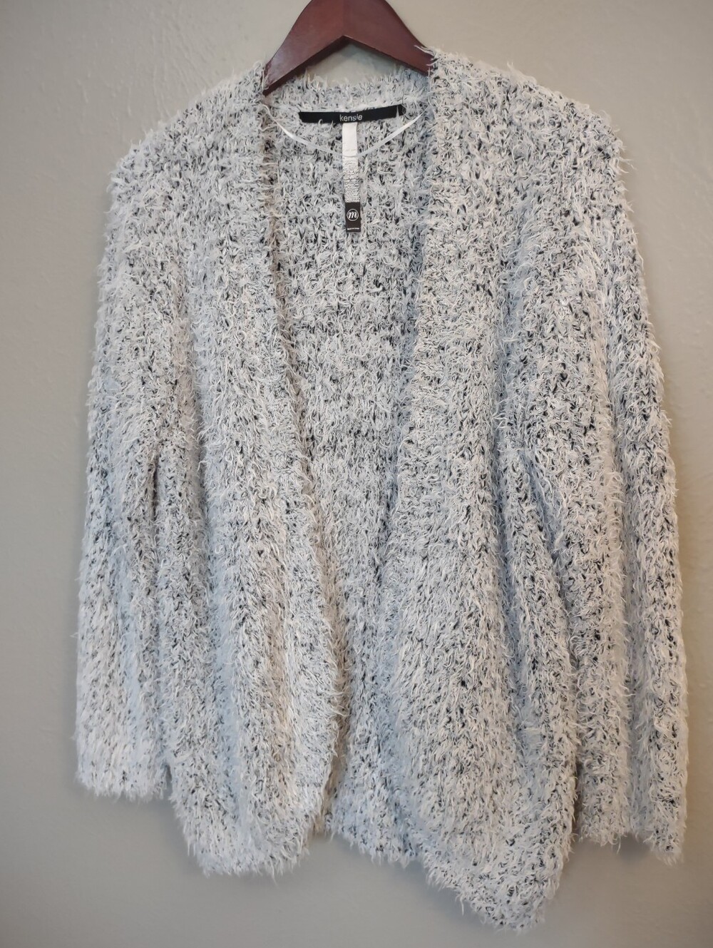 Kensie Open Front Fuzzy Eyelash Knit Cardigan Sweater Grey Black Women's Medium - Picture 3 of 14